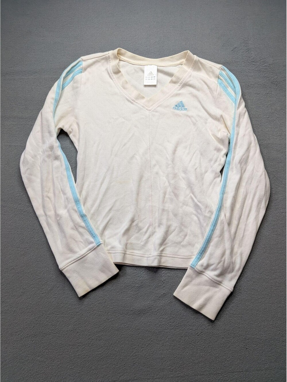 Adidas T-Shirt Womens S White Long Sleeve V-Neck 3 Stripe Logo Athletic